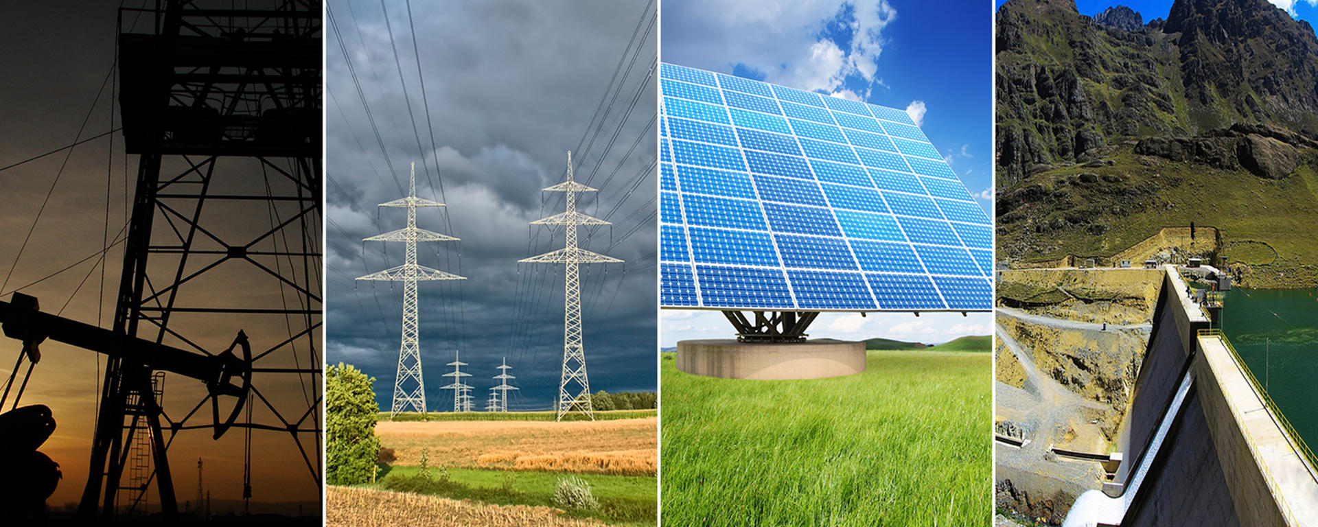 Left to right: A pumpjack in the prairie during sunset; dual transmission lines in a field; a large solar panel in a grassy field; a hydroelectric dam in the shadow of a mountain